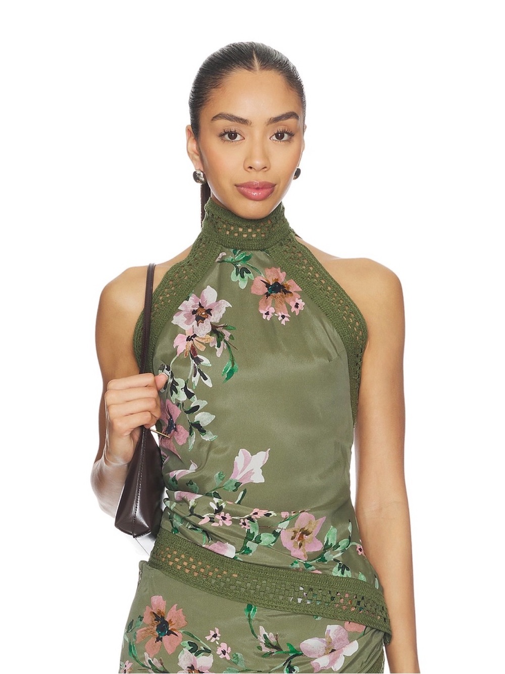 BEC + BRIDGE CAMELIA RACER TOP & MIDI SKIRT SET IN OLIVE GARDENIA FLORAL, SIZE 4